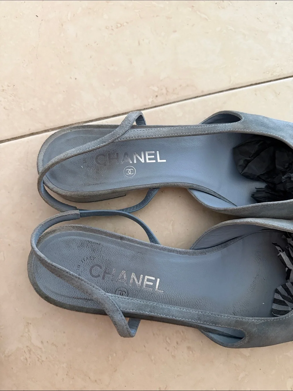 Chanel Suede Slingback Flats with Teal Toe Cap